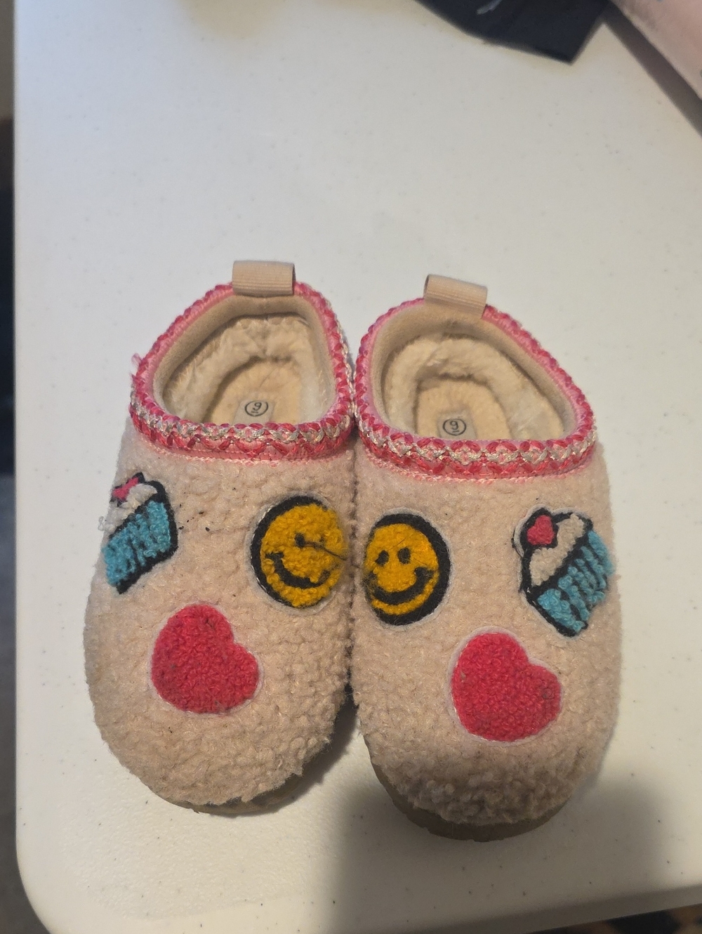 Laundry by Design Pink Cream Kids Slippers with Hearts, Cupcakes & Smileys